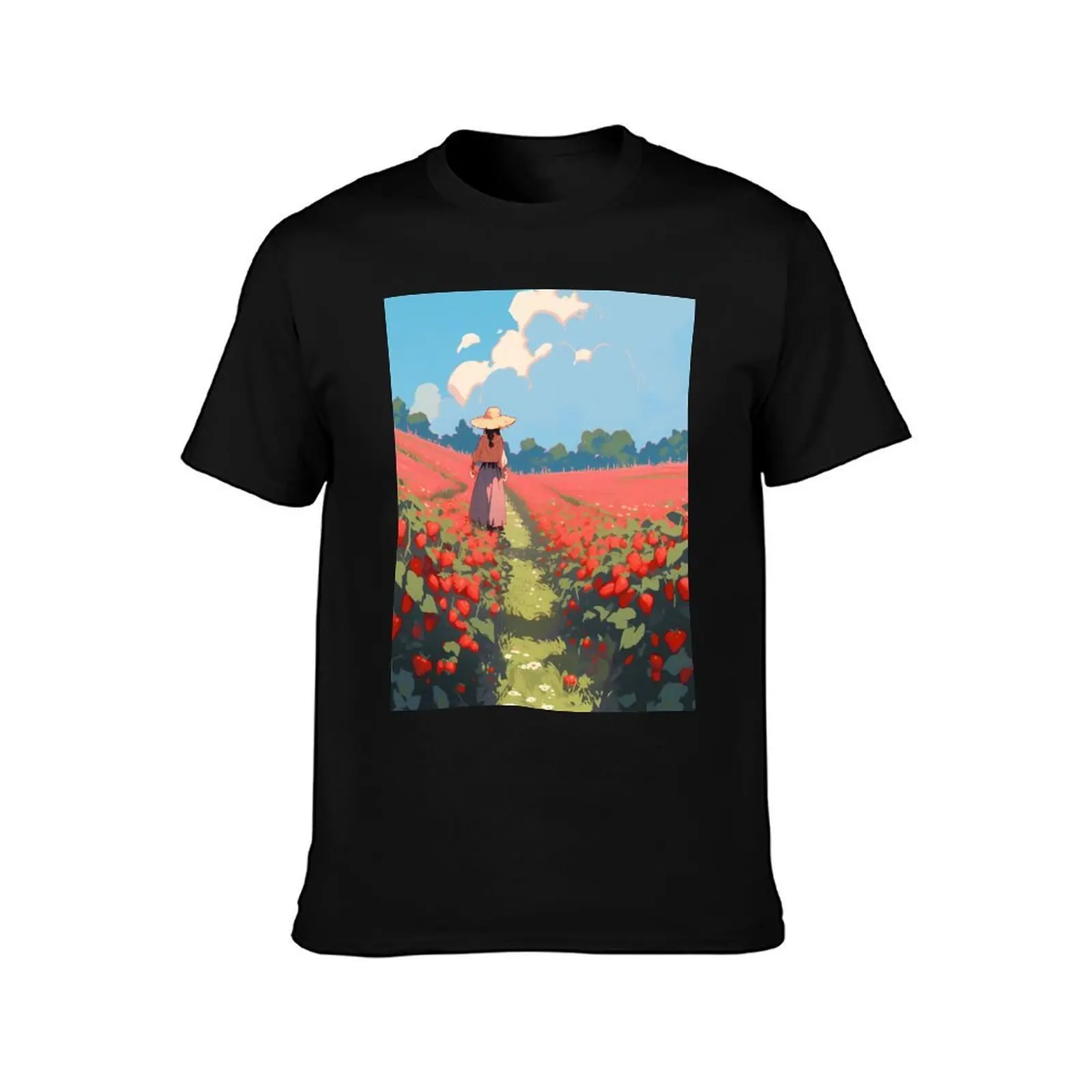 Strawberry field, anime scenery- Pixel art T-Shirt Casual Daily Wear Short Sleeve Top