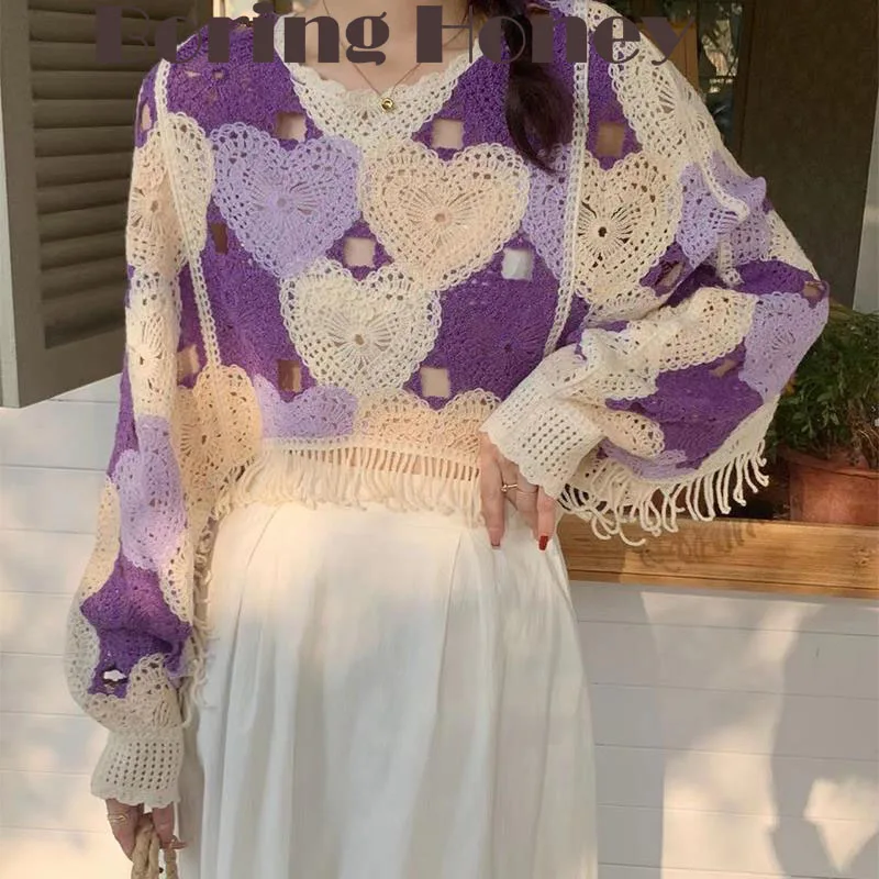 

Boring Honey Fashion New Spring Autumn Crochet Love Hollow T-Shirt Female Design Sense Tassel Blouse T-Shirt Women All-Match Top