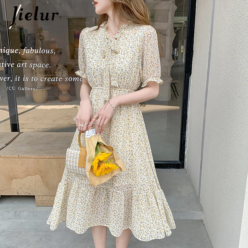 Yellow Short-sleeved Floral Chiffon Womens Dresses Korean Style Fashion Sweet Midi Dresses Women A-line Bow Collar Dress S-XXL