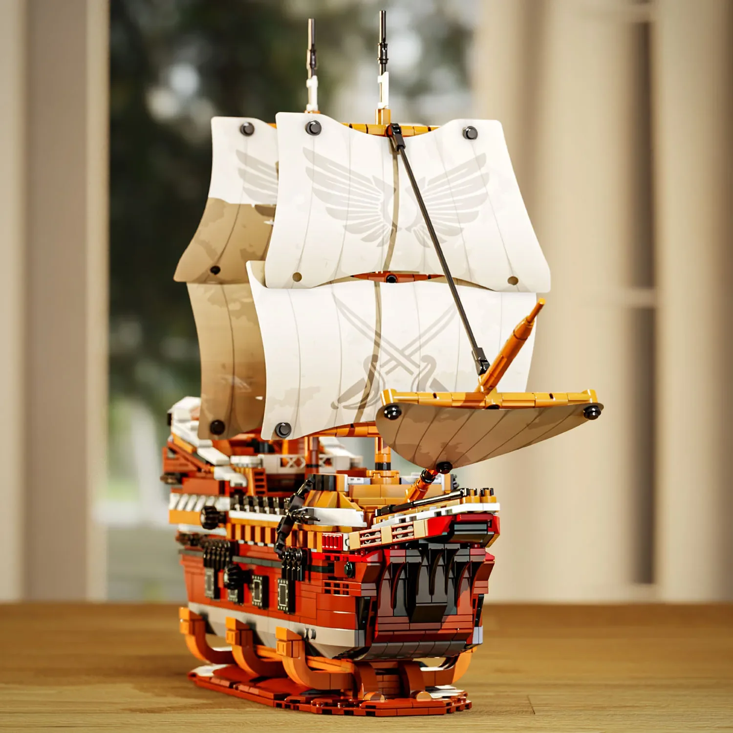 Modelo de montagem de navio pirata retrô de montagem de bloco de construção, acessórios de decoração de vela de atividade, ornamentos de mesa de navio pirata
