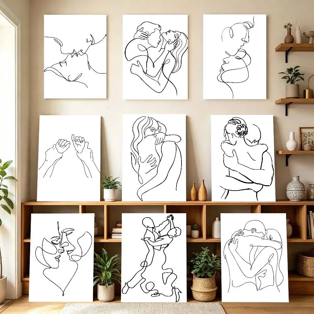 Minimalist Couple Embrace Kiss Line Art Poster Self-adhesive Art Room Entrance Restaurant Wall Decor Art Painting