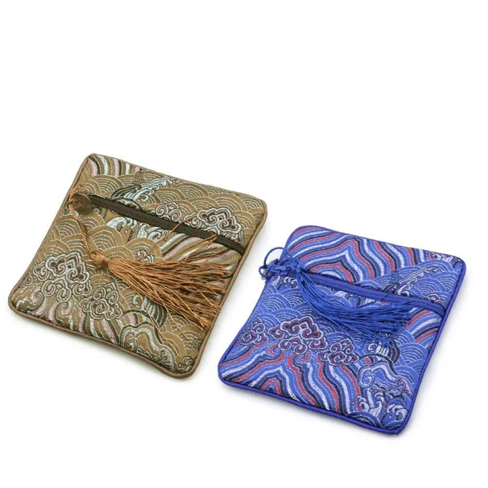 

Chinese Style Silk Jewelry Organizer Coin Purse Sea Wave Pattern Brocade Pouch Zipper Bag Embroidery Jewelry Storage Bag