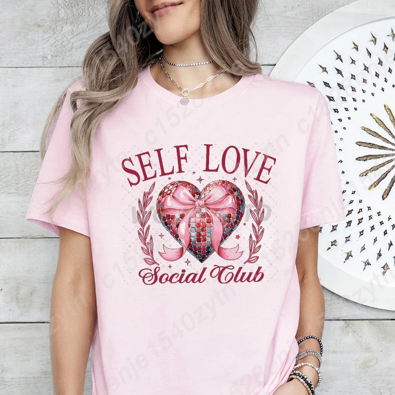 

Valentine's Day Bow Heart Self Love Social Club Print T-shirts For Women Summer Round Neck Tee Shirt Fashion Hot Selling T-Shirt