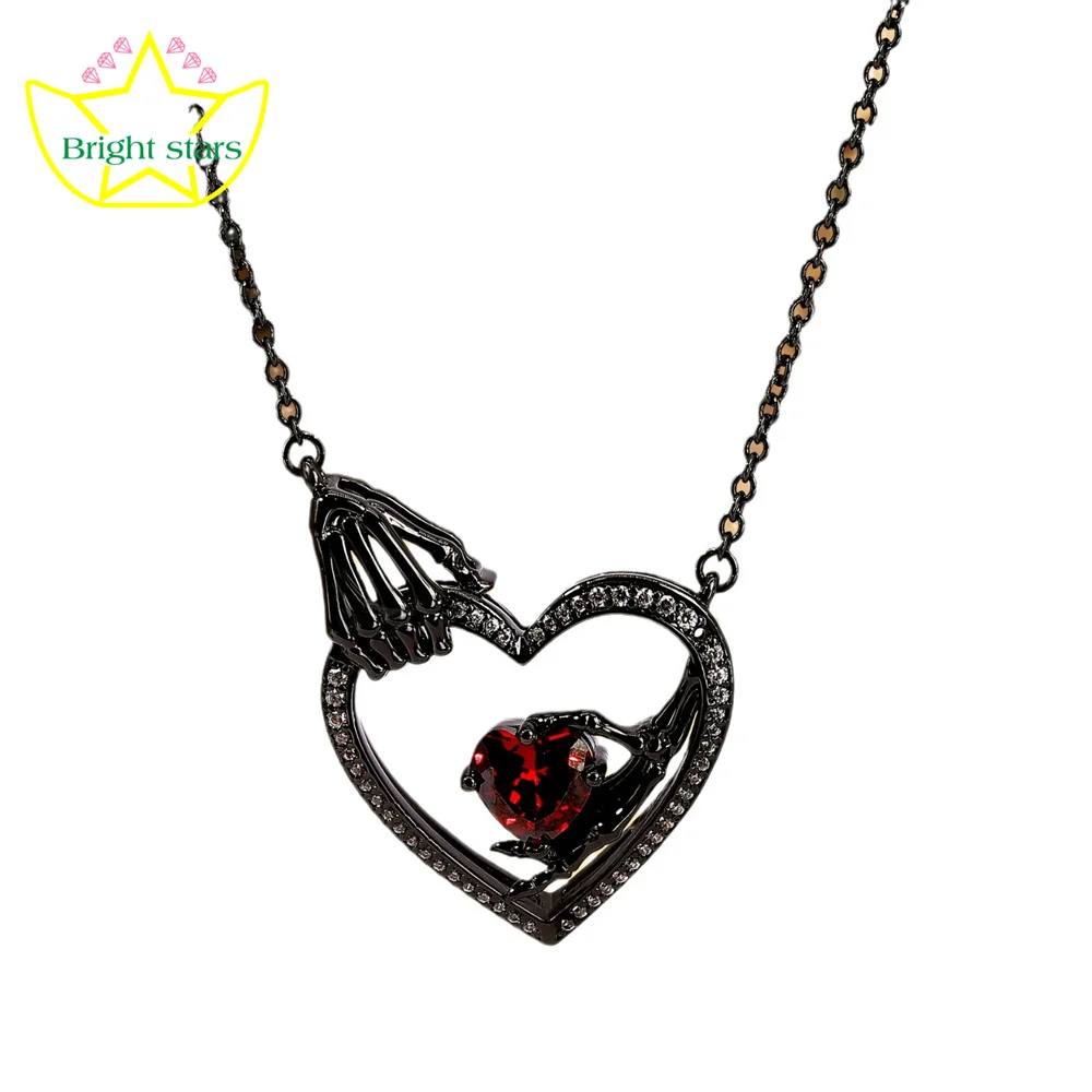 

S925 Sterling silver hip Hop Skull Hand Love ruby necklace Women's niche retro style heart-shaped collarbone chain with gift box