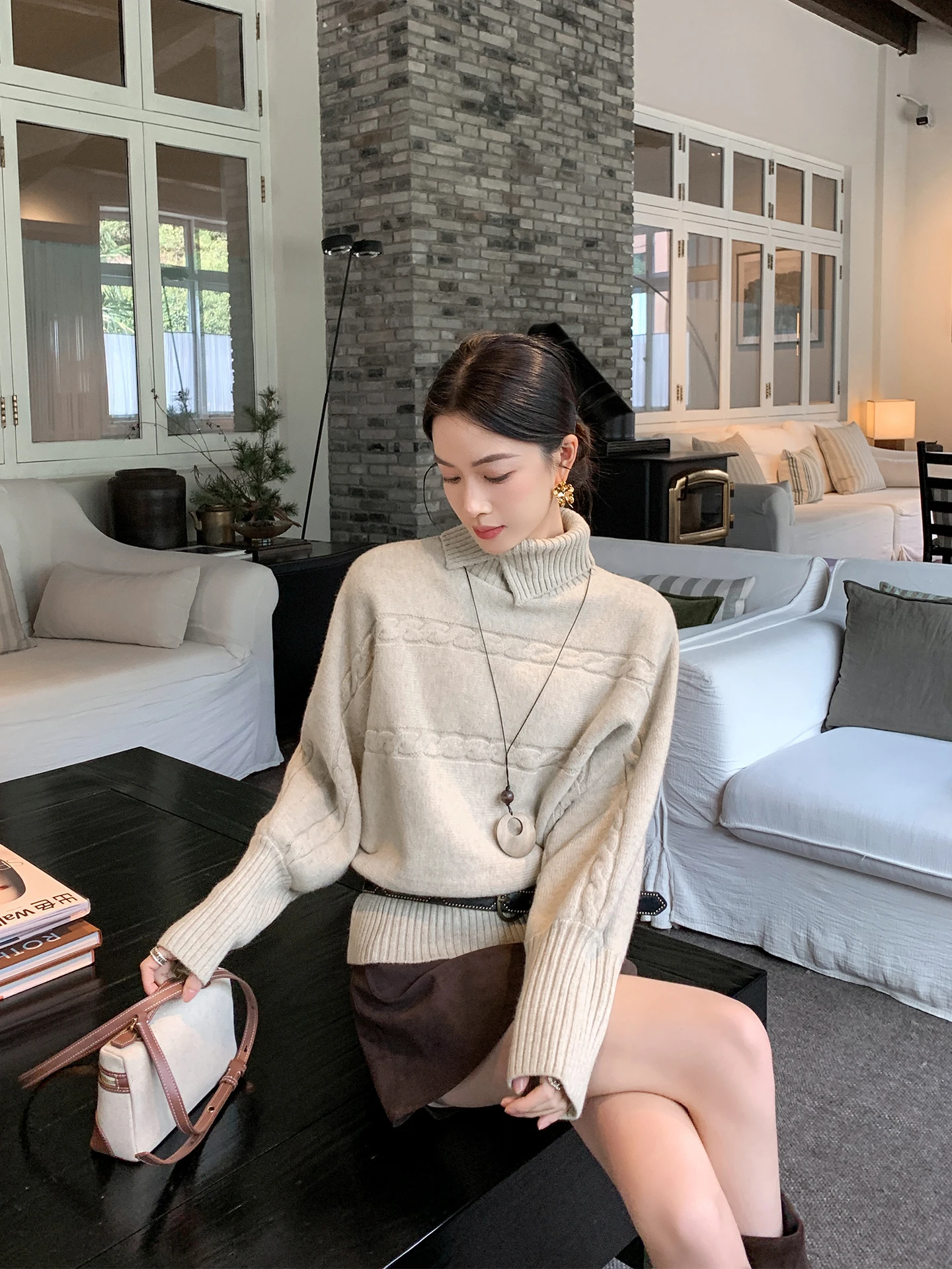

Binguo Women's High Collar Twist Knitted Sweater Wool Blend Oaeal Color Spring New Design Comfortable Warm Long Sve Top