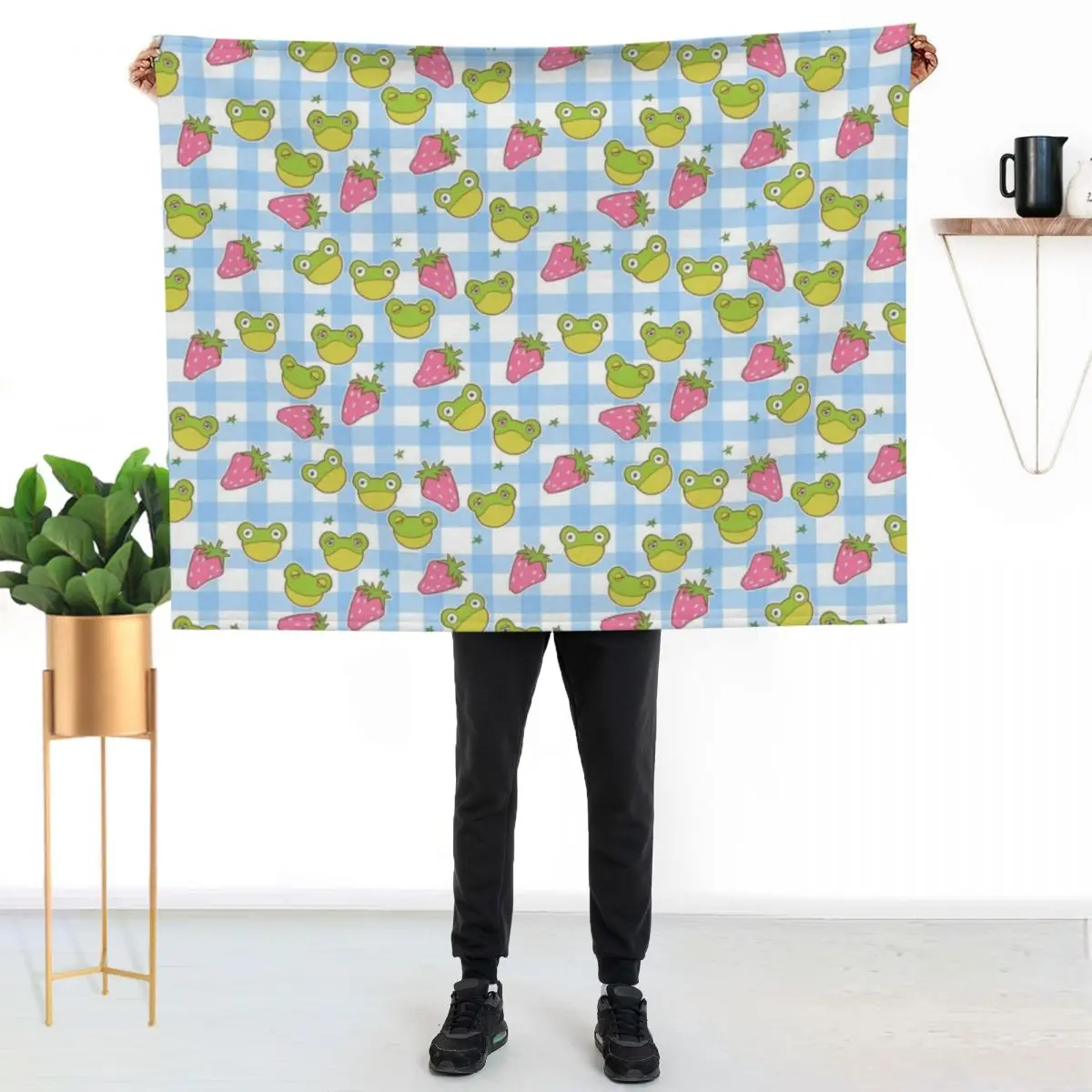 Cottagecore Froggies on Blue Gingham Throw Blanket Polar Stuffeds Sofas Heavy wednesday Blankets