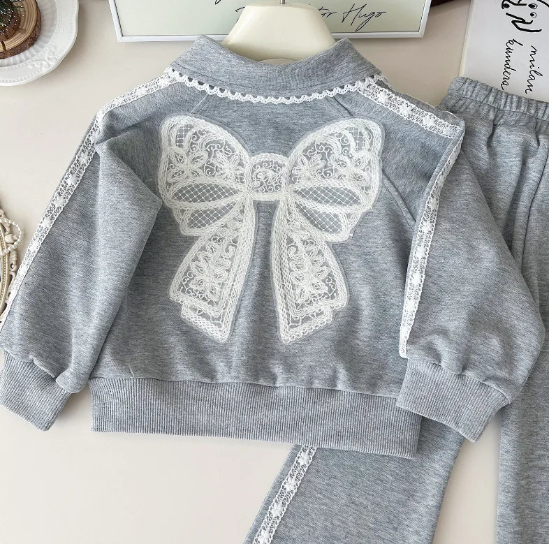 New Baby Girls Fall Fashion Grey Sets Back Butterfly Top + Pants Princess Elegant Suits 2-7T