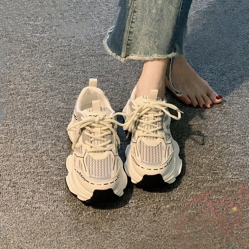 Women's Chunky Dad Shoes 2026 Autumn Breathable Mesh Sneakers Thick Sole Casual Sports Shoes Non-slip Lace Up Elevator Sneakers