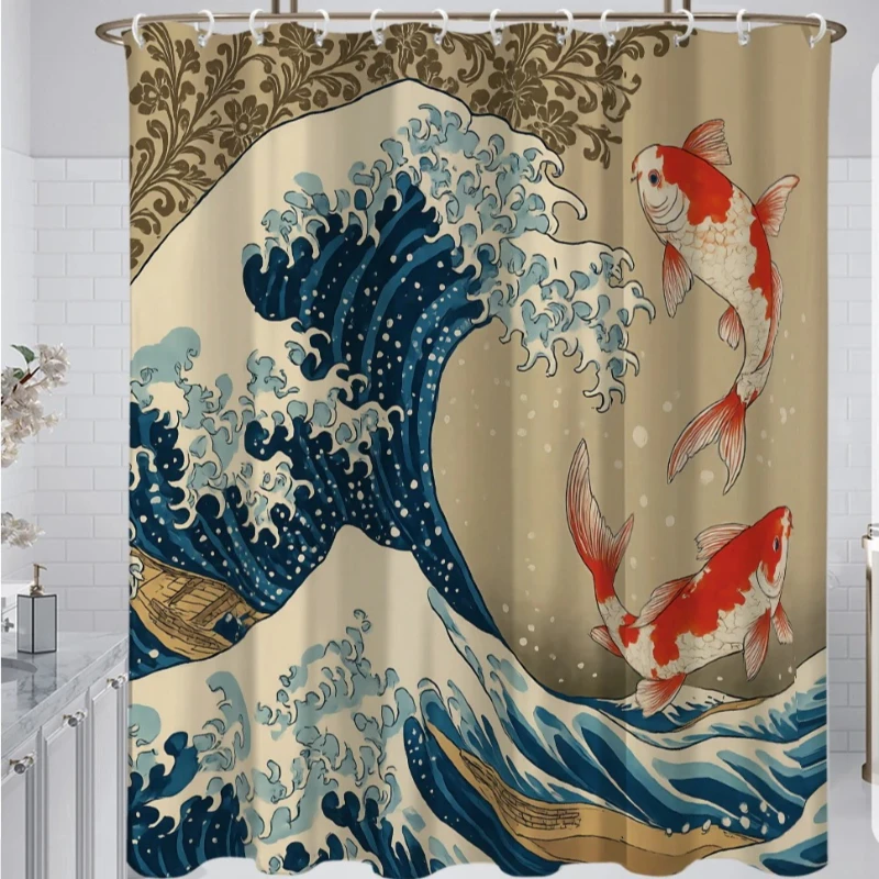 1 Pc Wave Sunrise Print Waterproof Shower Curtain Partition Privacy Hanging Curtain With Hooks Multiple Sizes Machine Washable