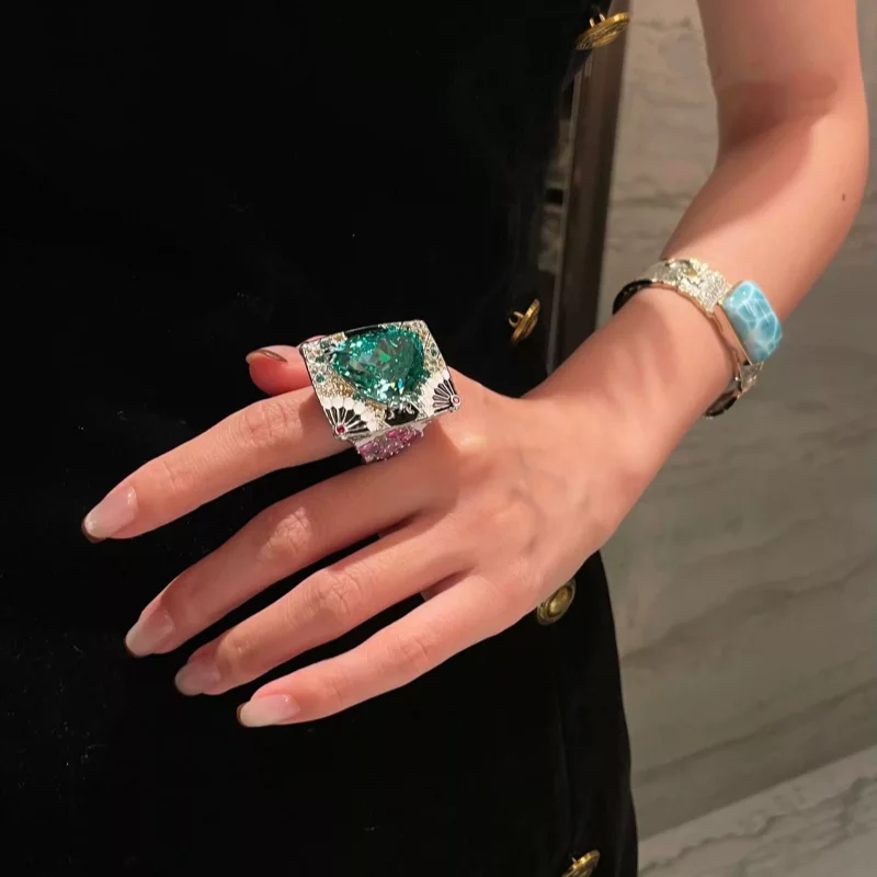 Bellux Women Luxury Art Deco Statement Ring Triangle Cut Emerald Multi Color Zircon Enamel Vintage Big Gem Cocktail Ring