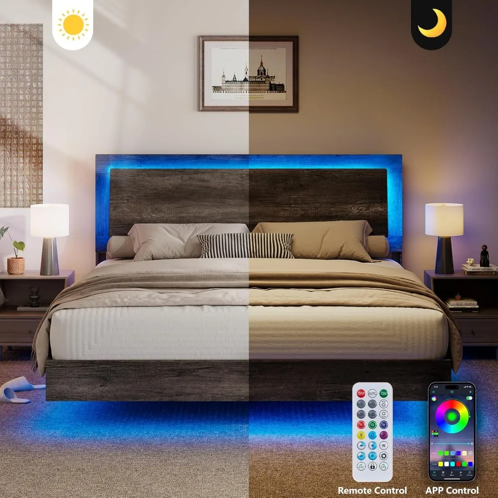 Kingsize-Bett rahmen mit LED-Licht und Kopfteil, keine Box spring erforderlich, geräusch frei, schwimmender Plattform bett rahmen für Bauernhöfe