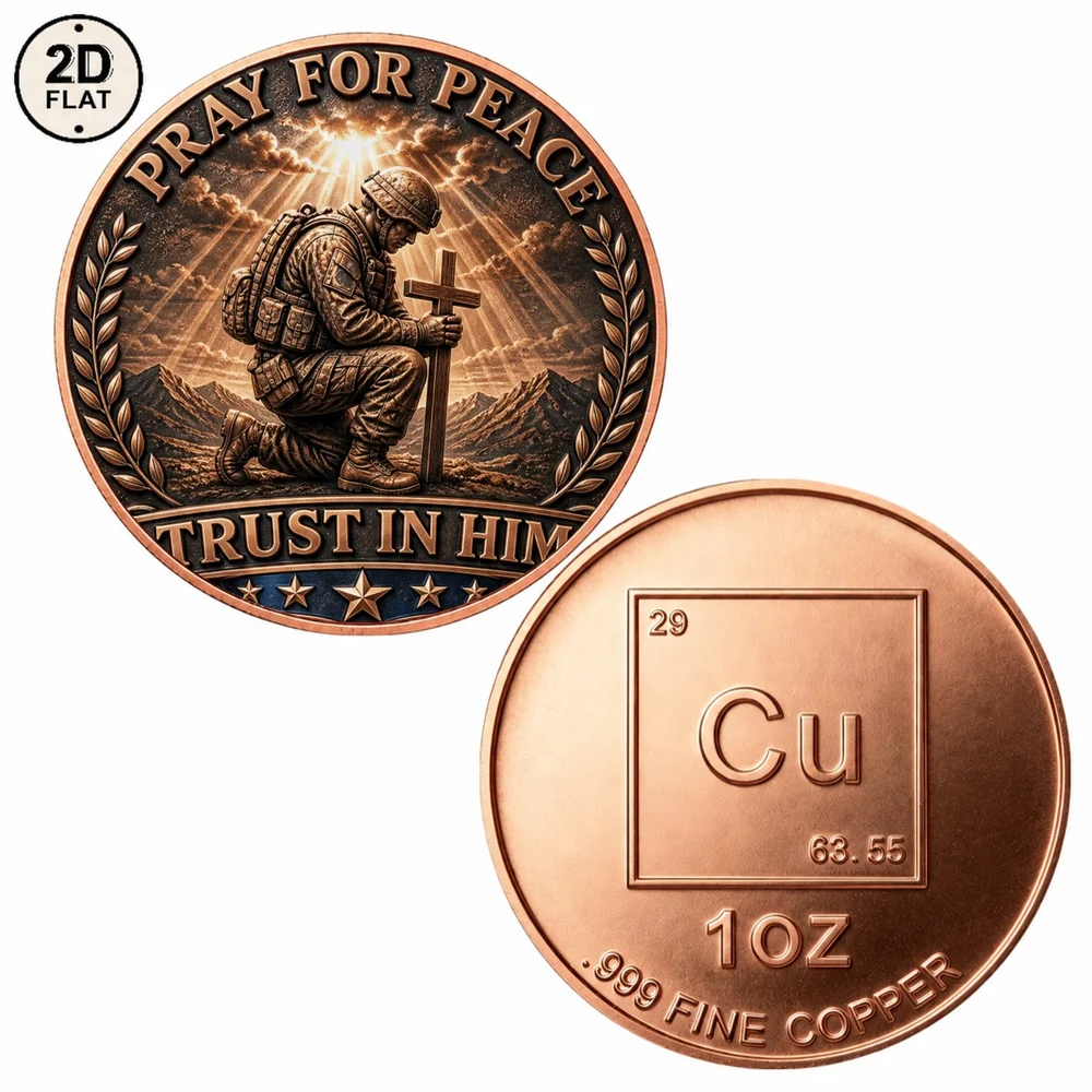 1pc 1oz .999 Fine Copper Pray For Peace Trust In Him Challenge Coin Kneeling Soldier Cross Commemorative Medal Gift for Veteran