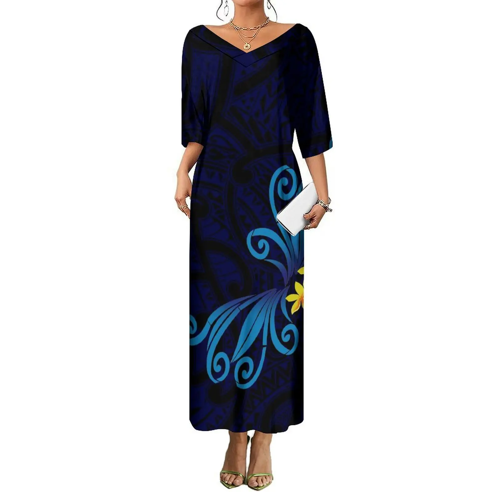 عالية الجودة هاواي الأزهار شاطئ حفلة المرأة فستان بفتحة عنق على شكل v كبير النار كوكتيل حفلة فضفاضة فستان طويل غير رسمي البولينيزية طباعة