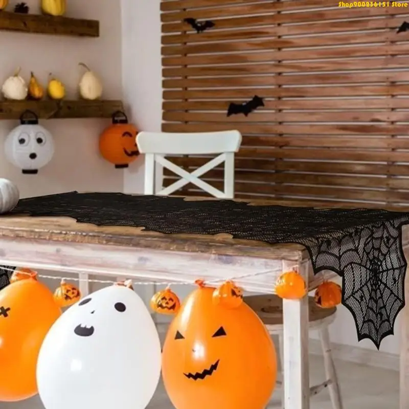 G92C Halloween Dining Table Cover Black Net Pattern Fabric for Party Display Candy Table and Seasonal Table Styling