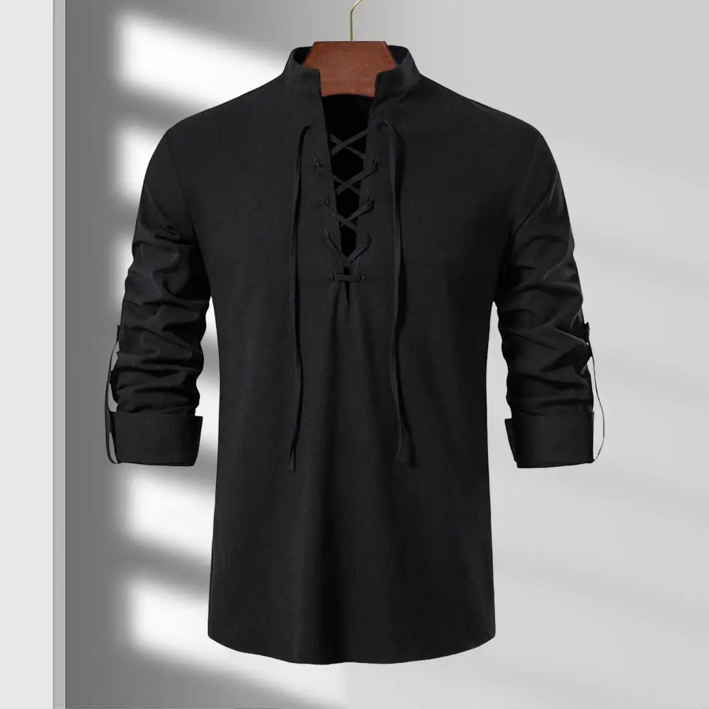 Spring Men Shirt Lace-up Strap Stand Collar Solid Color Long Sleeves Retro Beach Style Pullover Mid Length Stand-up Collar Shirt
