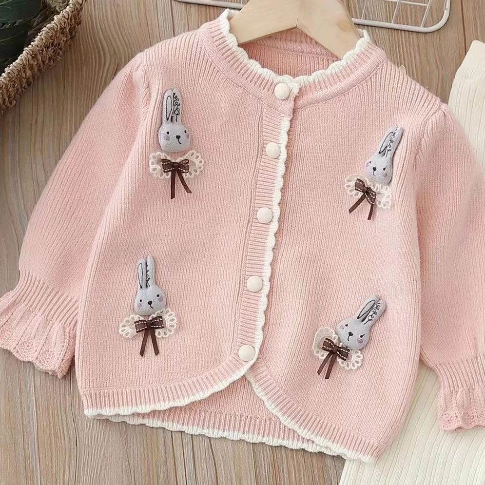 Kids Woolen Jersey Girls Clothes Sets Spring Autumn 2024 Children Knitted Coats Sweaters Flared Trousers 2pcs Party Suit Kids 6Y