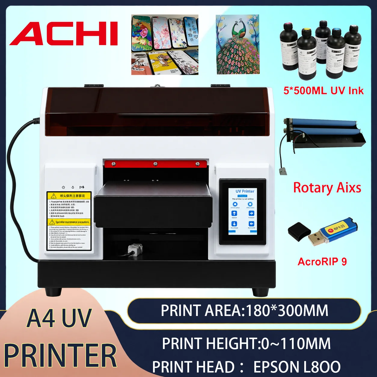 ACHI A4 UV printer, print area 180*300mm, Flatbed Printing, Color Printing, Remote Video Technical Guidance EPSON L800 printhead, print height 0～110mm, UV printer.
