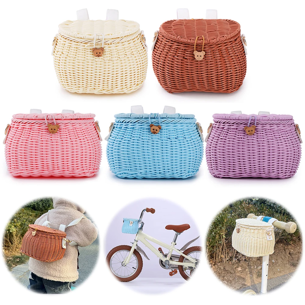 Bike Handwoven Basket Backpack with Lid Bike Scooter Tricycle Basket Adjustable Leather Straps for Daily Commuting