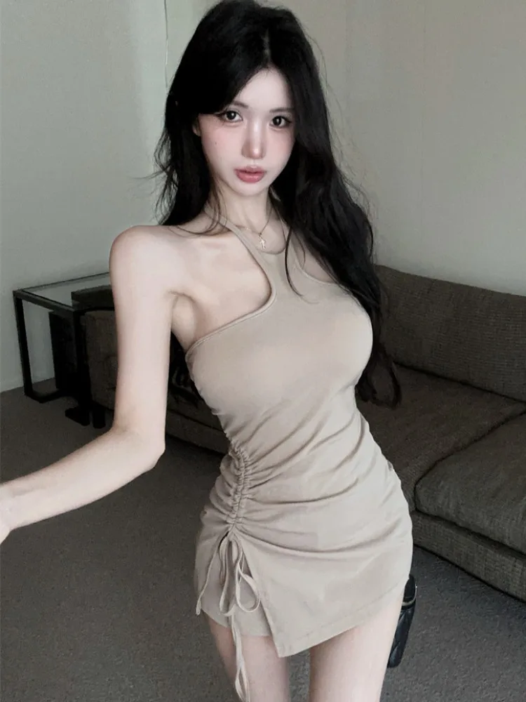 

Summer New Style Spicy Girl Neck Hanging Strap Tightened with Chest Pad Knitted Dress Drawstring Wrap around Shorts Two Piece...