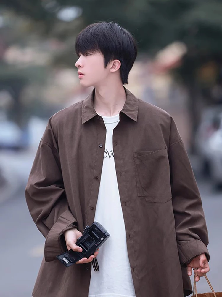 

Винтажная длинная рубашка-поло для мужчин, весна-осень, рабочая одежда, американский ретро-стиль, модная однотонная с отложным воротником