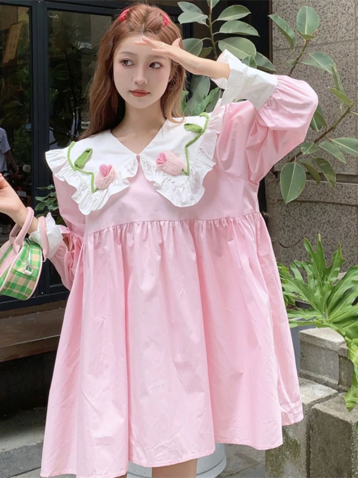 Korean Style Sweet Contrasting Doll Neck Dress Female Summer Autumn Loose Long Sleeved Short Dresses Large Size Women\'s Clothing