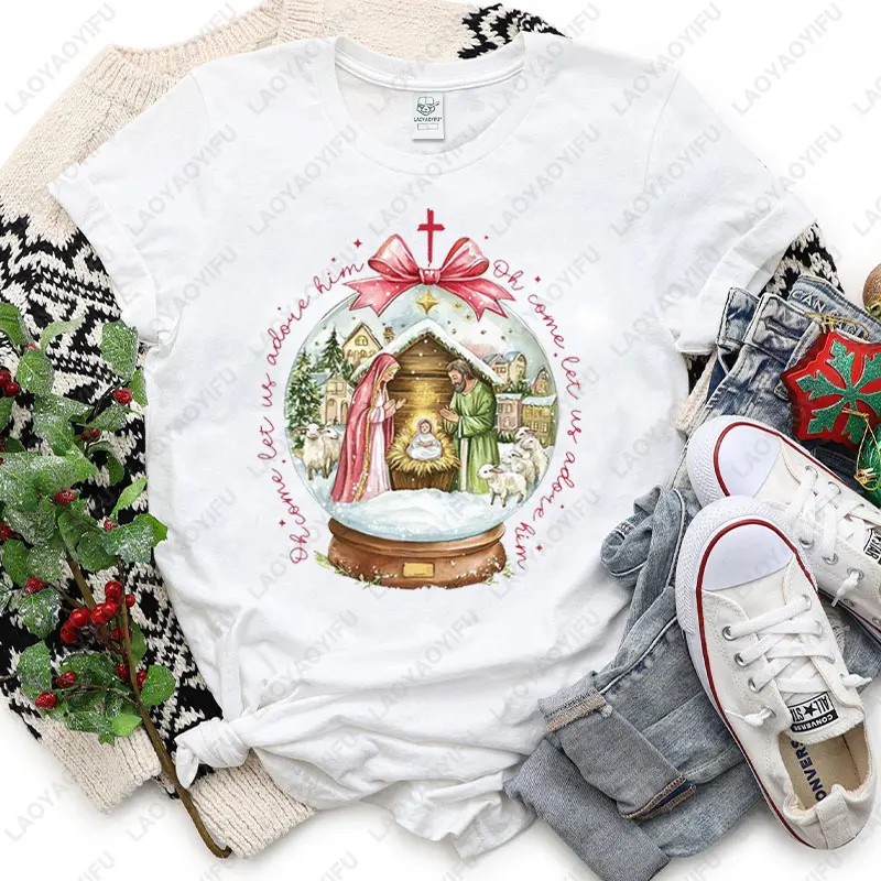 Oh Come Let Us Adore Him Printing Shirt Nativity Scene Snow Globe Xmas Tee Jesus Christmas Oh Holy Night Hand Drawn Cotton Tops