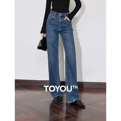 TOYOUTH Women Fleece Denim Jeans 2024 Autumn Winter New Mid Waist Straight Wide Leg Thicking Warm Long Pants