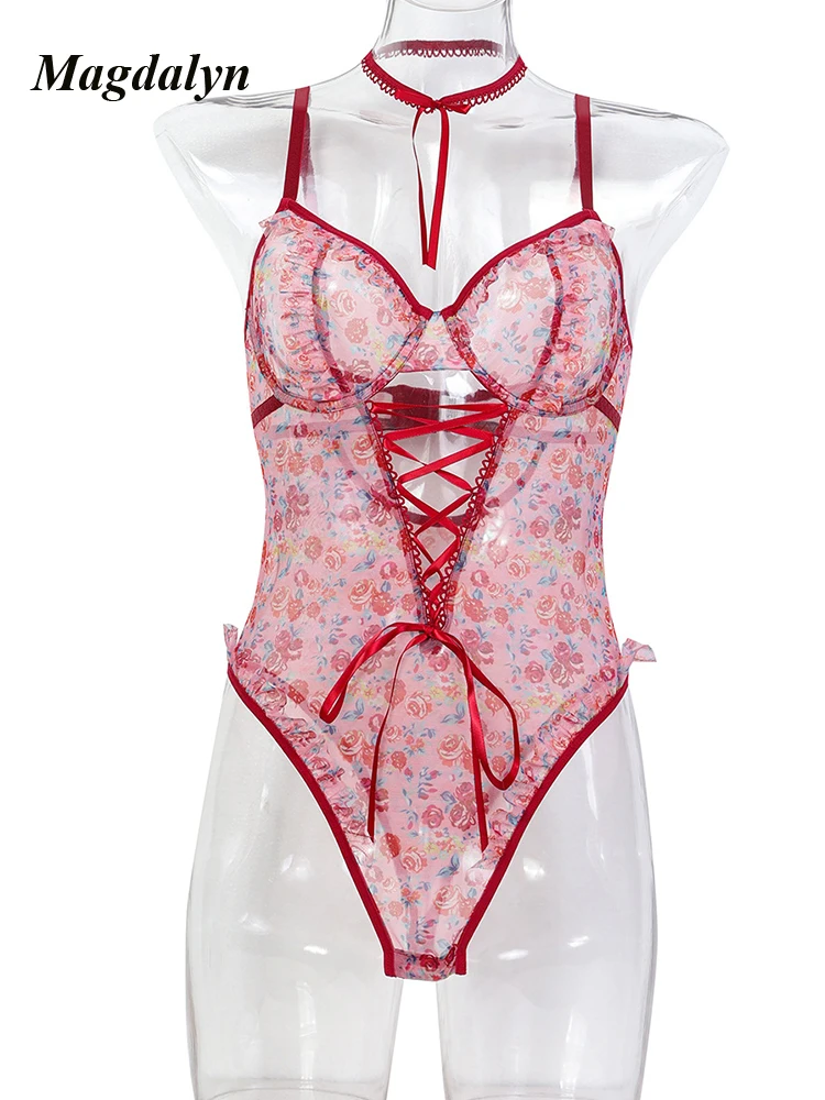 Magdalyn Frauen Gestickte Blumen Spitze Riemchen Strampler Ins Retro Push Up Bügel Onesie Dünne Einteilige Kombination Bodys