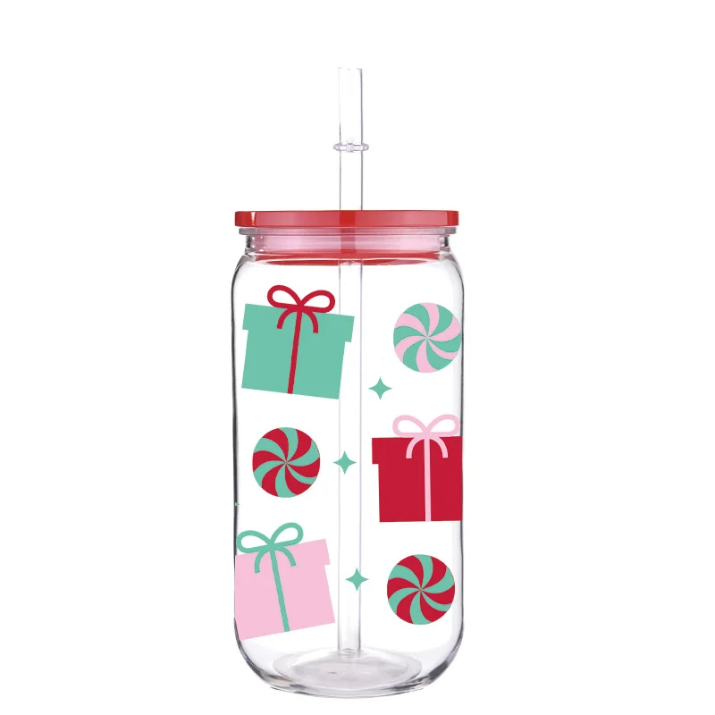 Christmas 16oz Printed PET Cup With Straw Red Lid Colorful Cartoon Design Can Hold Coffee Milk Water Multi Functional Cup image 6