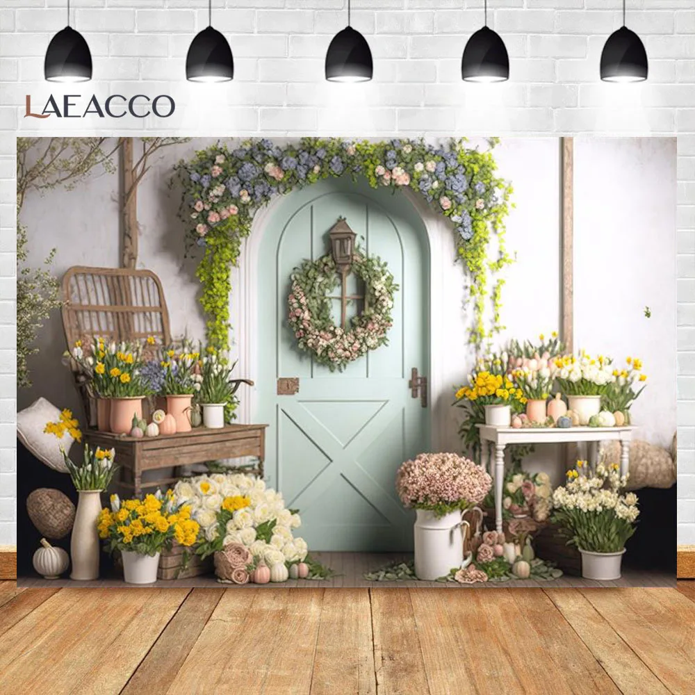 Laeacco Spring Flower Shop Photography Backdrop Easter Bunny Tulip Garden Colorful Eggs Kids Birthday Portrait Photo Background