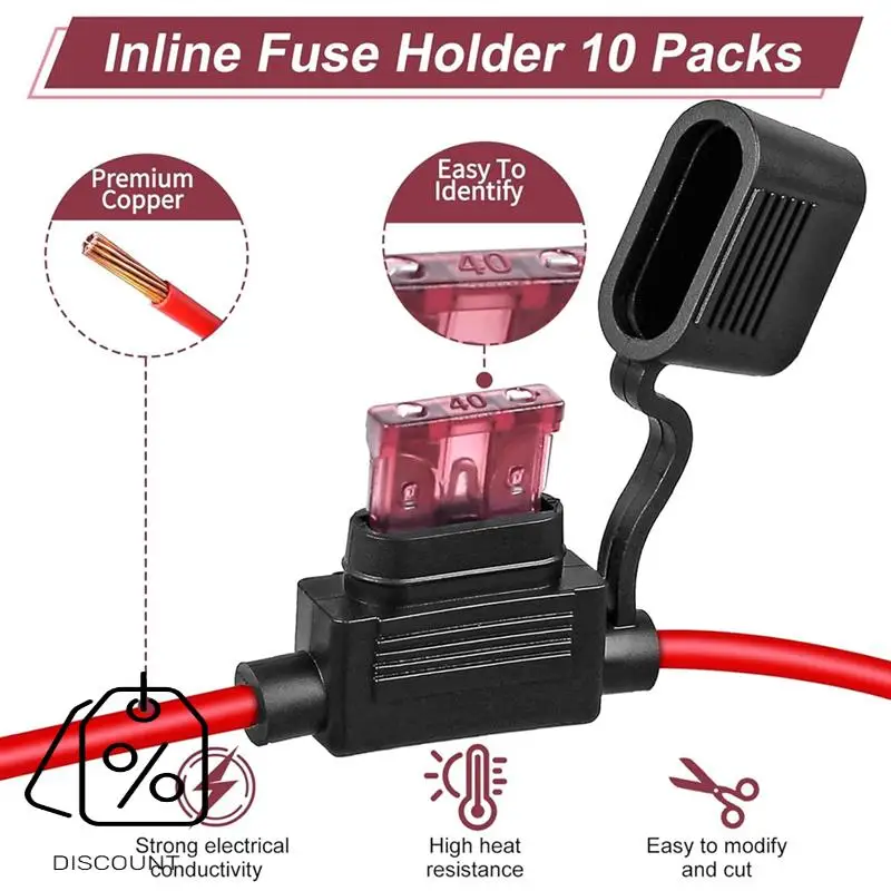 ABJO-10Pack حامل فيوز مضمن 12 فولت، 12 AWG حامل فيوز مقاوم للماء مع 35 قطعة (5A/7.5A/10A/15A/20A/30A/40A) صمامات السيارة القياسية