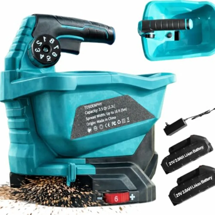 

Электрический ручной разбрасыватель удобрений для газонов с аккумуляторами 21В 2x2Ач, бесщеточным двигателем, 6 скоростями, 8 регулируемыми размерами, площадь распыления 125 м²