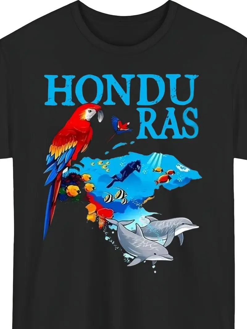Men's Graphic T-Shirt Black Crew Neck Tee With Red Macaw Honduras Lettering Lightweight Breathable Everyday Travel Outfit 2025
