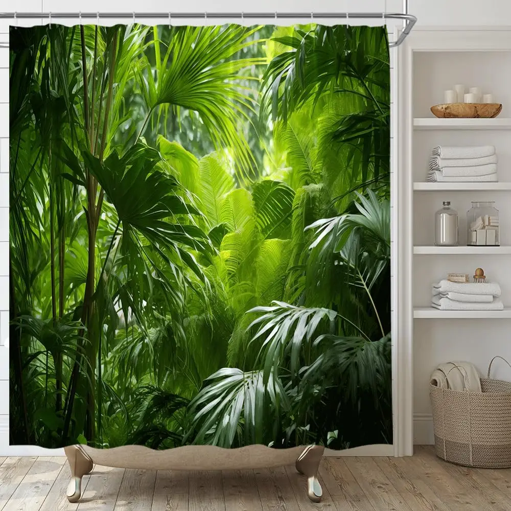 

Jungle Shower Curtain Tropical Rainforest Palm Leaf Forest Tree Nature Summer Scenic Bathroom Decor Set with Hooks