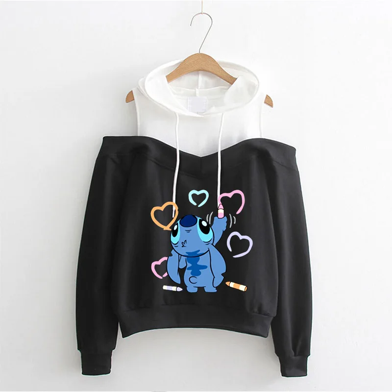 Kawaii Disney Lilo Stitch Cartoon off ramię bluzy damskie Harajuku śliczne Stitch Anime bluza Manga Streetwear bluza z kapturem kobieta