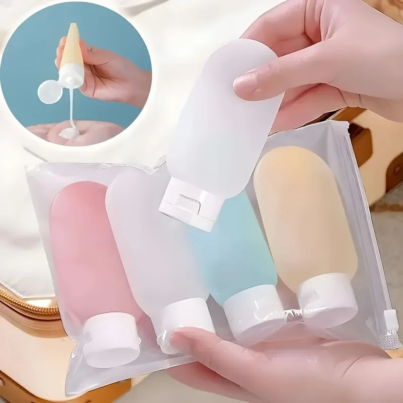 4 Stück auslaufsichere Kosmetikbehälter mit Aufbewahrungstasche, parfümfrei, Duschgel, Probenflaschen, Hautpflegekosmetik