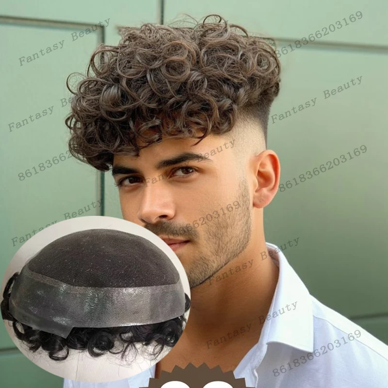 

Мужской парик из натуральных волос Remy, 20 мм, вьющиеся, коричнево-русые, с суперпрочным австралийским кружевным верхом и дышащей полиуретановой основой, оттенки 1B30, 1B40, с серыми волосами