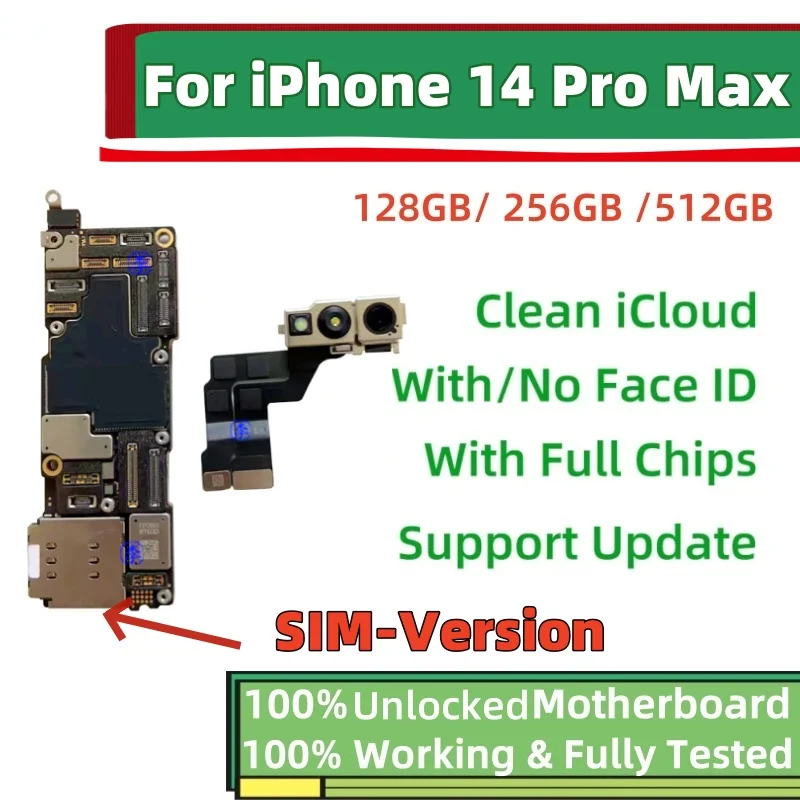 Unlocked Motherboard for iPhone 14 Pro Max, Face ID, 14 Pro, Free Clean iCloud Mainboard, Logic Board Plate, E-SIM, SIM Version