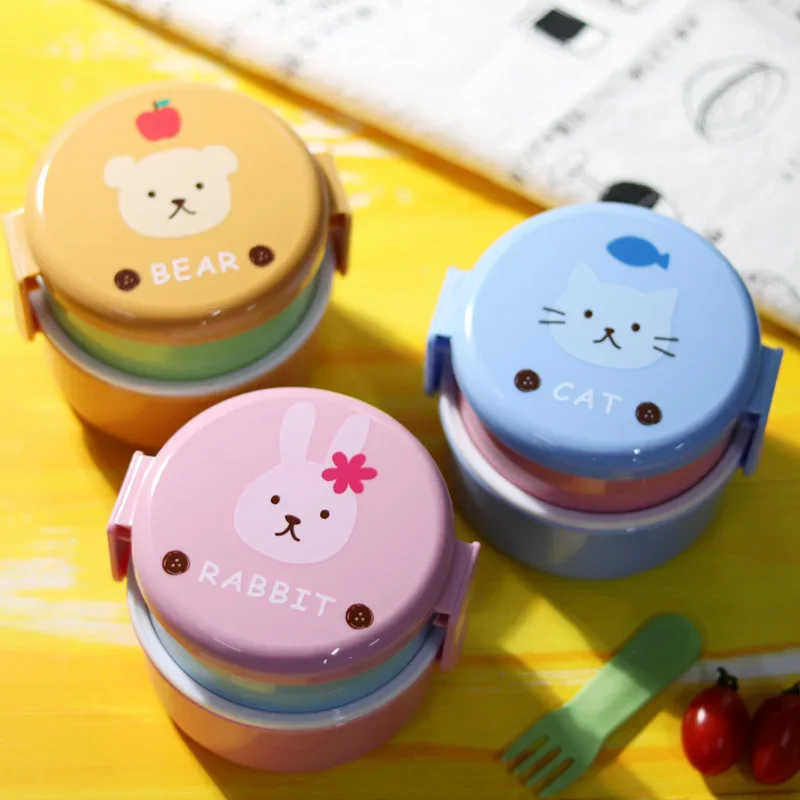 2-Tier Cartoon Animal Lunch Box Japanese Style Round Mini Bento Box Cute Children's Fruit Snack Containers Microwave Safe