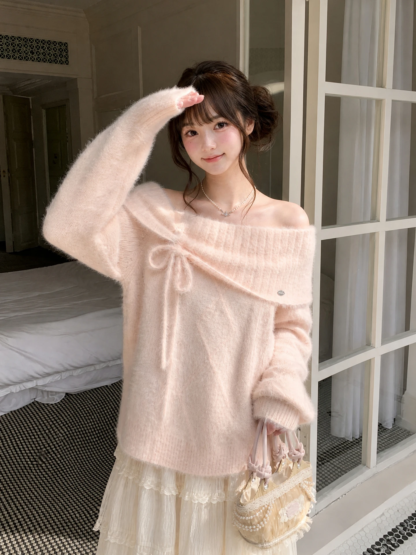 Sweet Style Shoulder Bared Long Sleeve Knitted Sweater Women's Pink Loose Fit Autumn New Arrival Casual Fashion Knitwear
