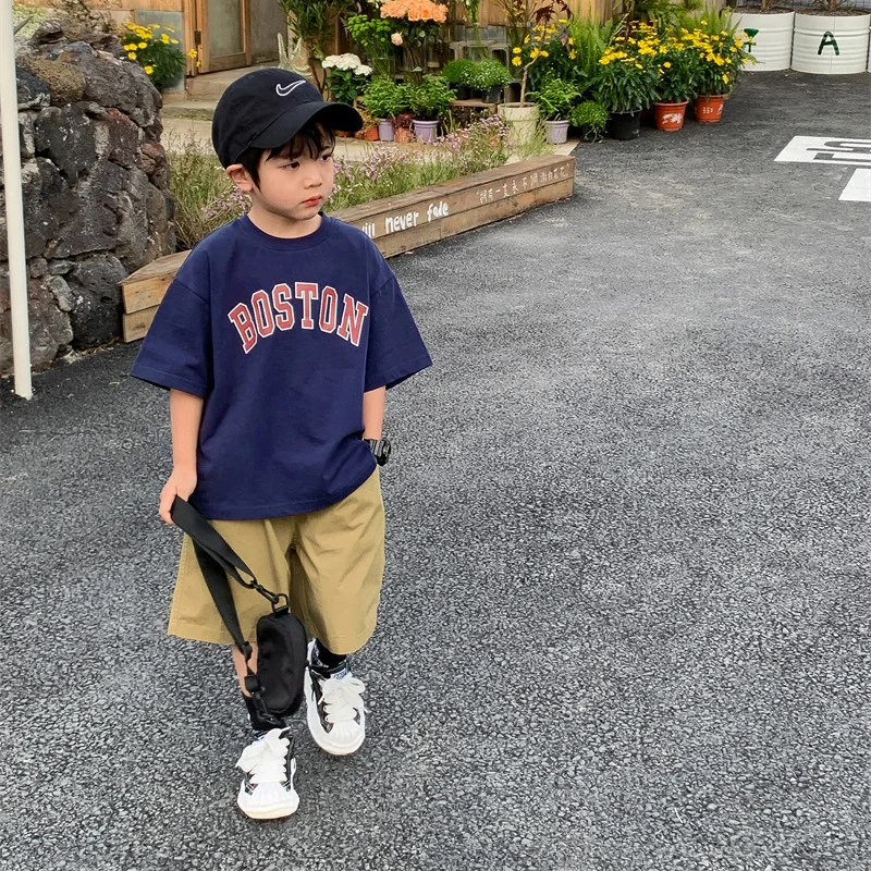 Ropa de verano para niños, Camiseta estampada de manga corta, camisetas de algodón para niños, cuello redondo, moda para niños