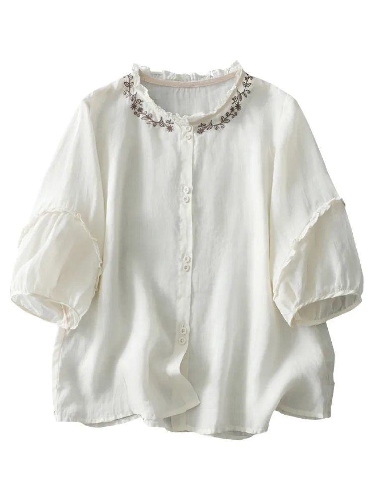 Ele bordado cáñamo irt mujer verano único hermoso f Sve Top Vintage Sle suelta ajuste botón detalle