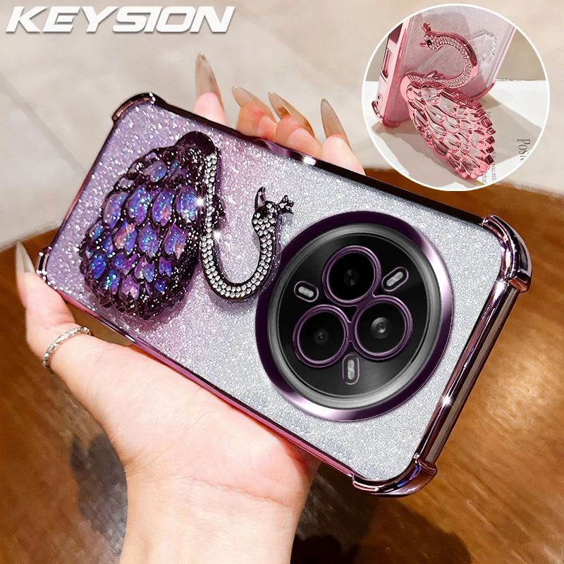 

KEYSION Shockproof Plating TPU Phone Case for Realme 14 Pro+ 5G Glitter Jewelled Swan kickstand Back Cover for Realme 14T 14 5G