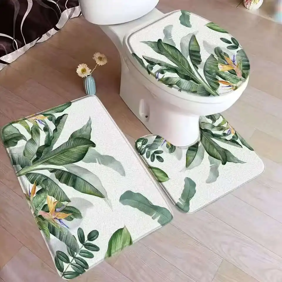 VIKAMA Tropical Leaves Bath Mat Set Palm Leaf Monstera Green Plants Home Carpet Flannel Bathroom Floor Rugs Toilet Lid Cover