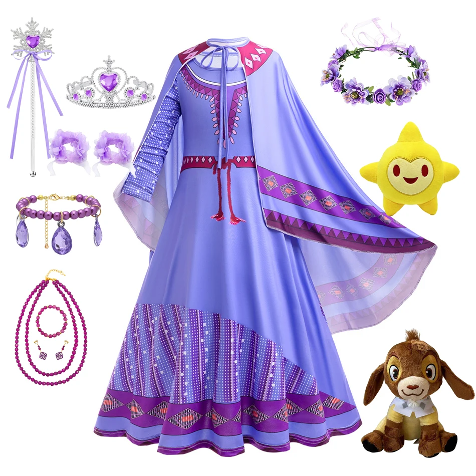 Princess Cosplay  Asha Costume  Purple Print Elastic Frocks Carnival Stage Performance Girls Birthday Gifts