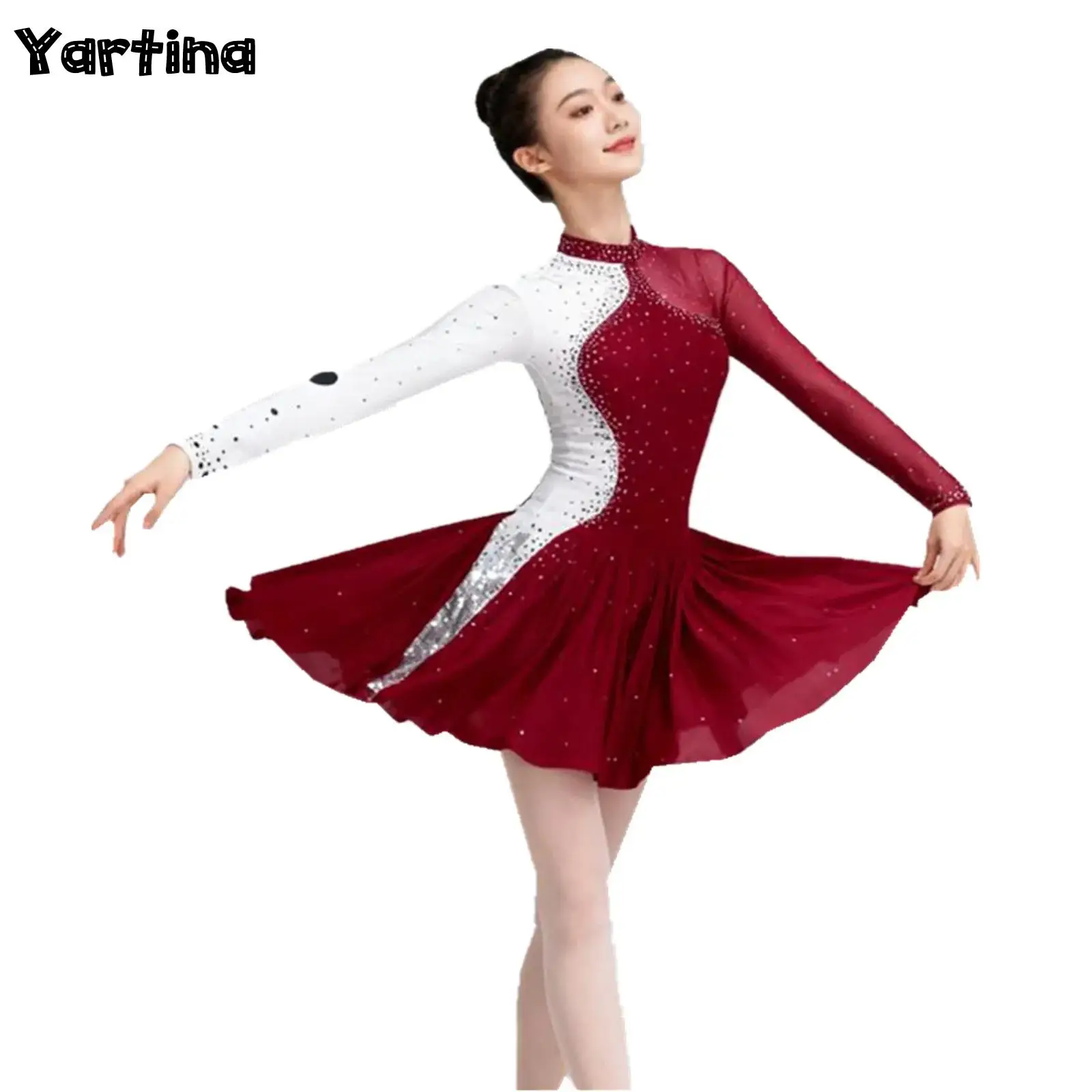 

Womens Sparkly Rhinestone Gymnastics Artistic Figure Skating Ballet Jersey Lyrical Dance Tights Dress Sheer Mesh Skirted Dresses