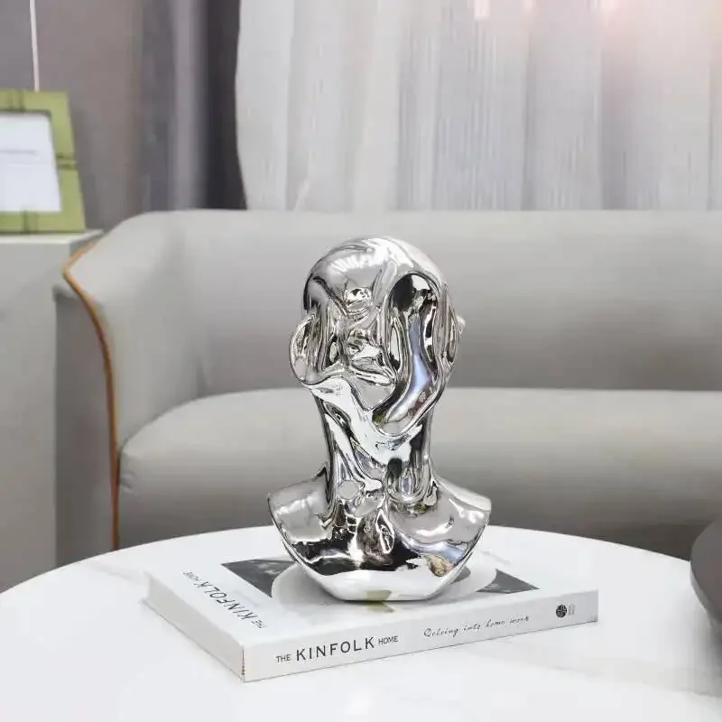 Silver Pleated Human Head Abstract Figure Sculpture Resin Figurine Abstract Face Portrait Decorative Figurines Home Decoration