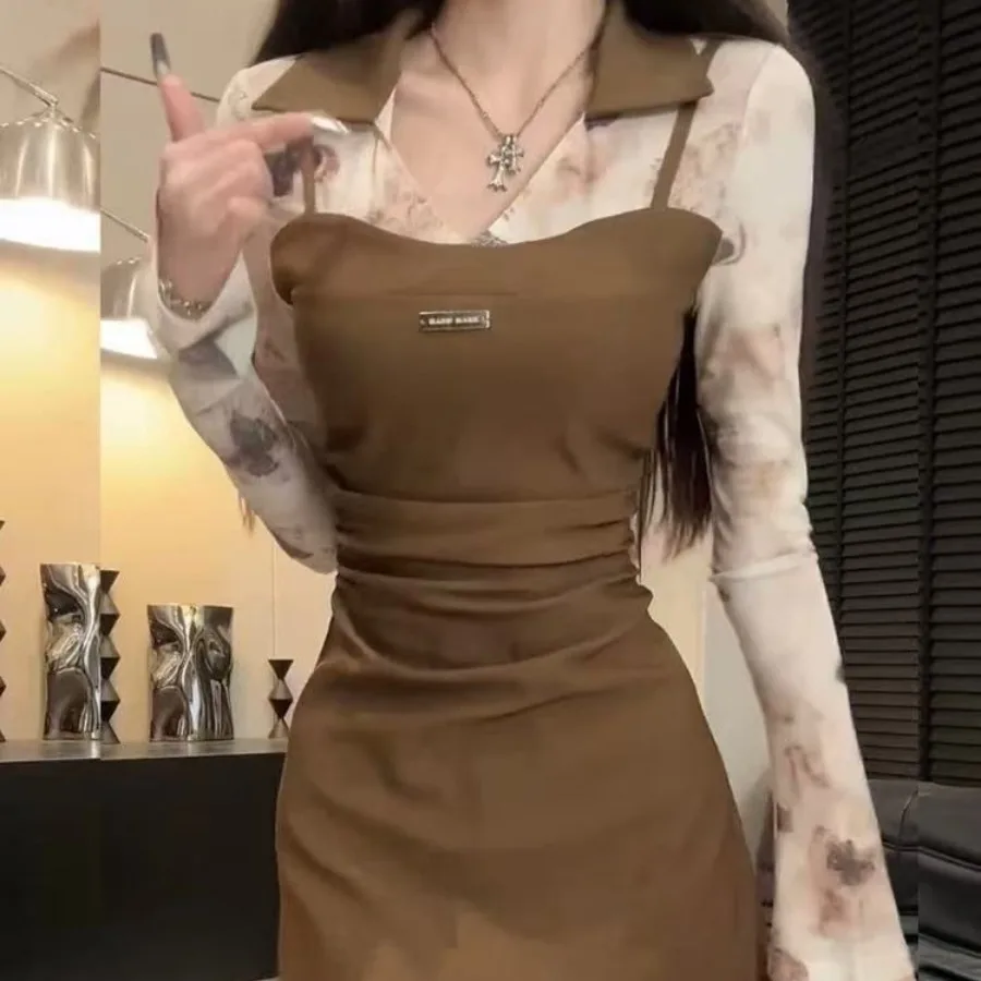 

【New style】Pure desire style sexy American retro POLO collar stitching dress for women's autumn new style pleated waist and sli