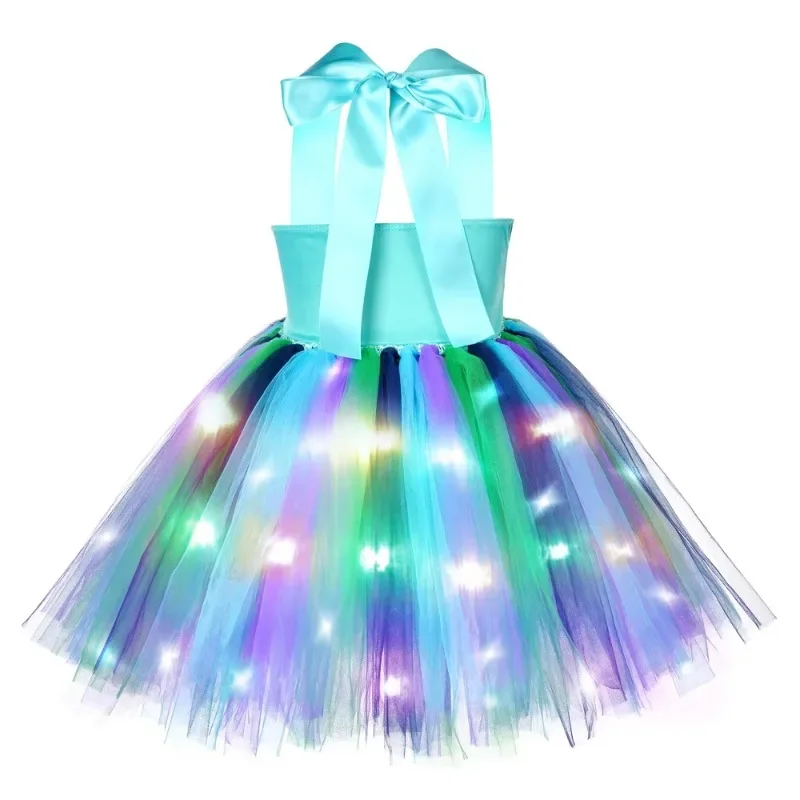 High Quality LED Princess Tutu Dresses For Girls Kids Adjustable Light Peacock Sequin Cosplay Costume Turquoise Tulle Ball Gown