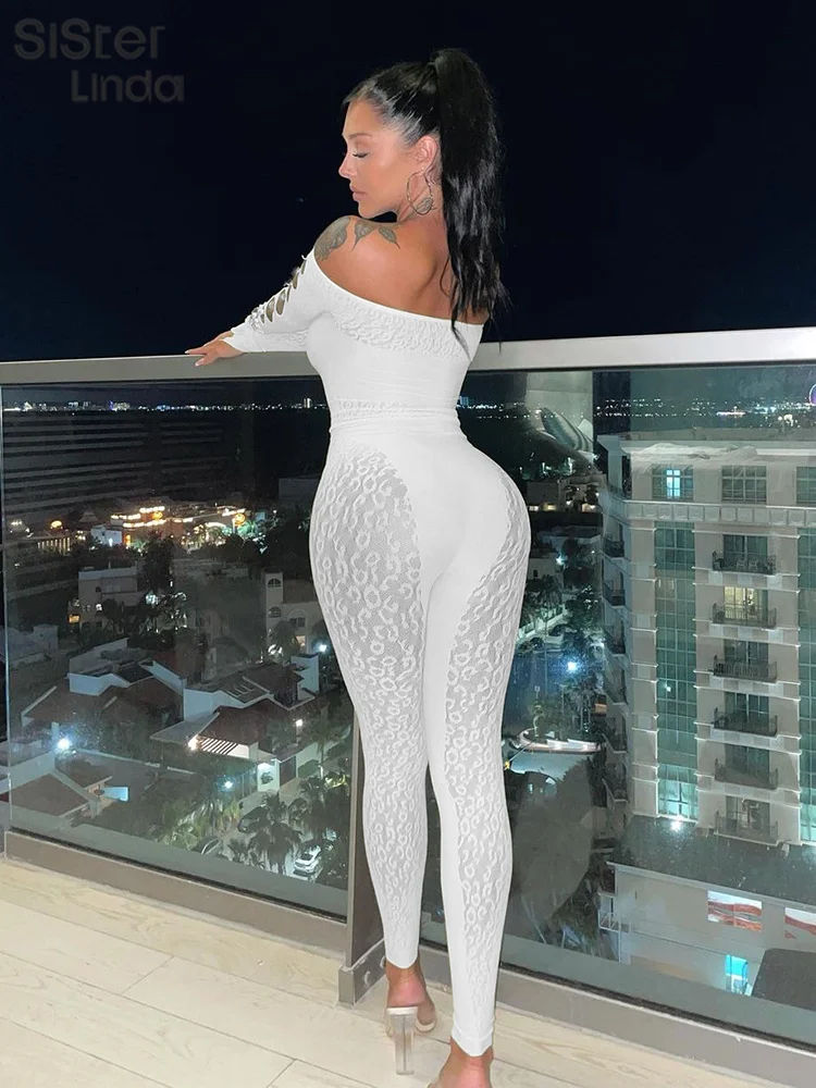 Sisterlinda Sexy Hollow Jumpsuits Women Long Sleeve See Through Off Shoulder Body-Shaping One Piece Playsuits Workouts Overalls